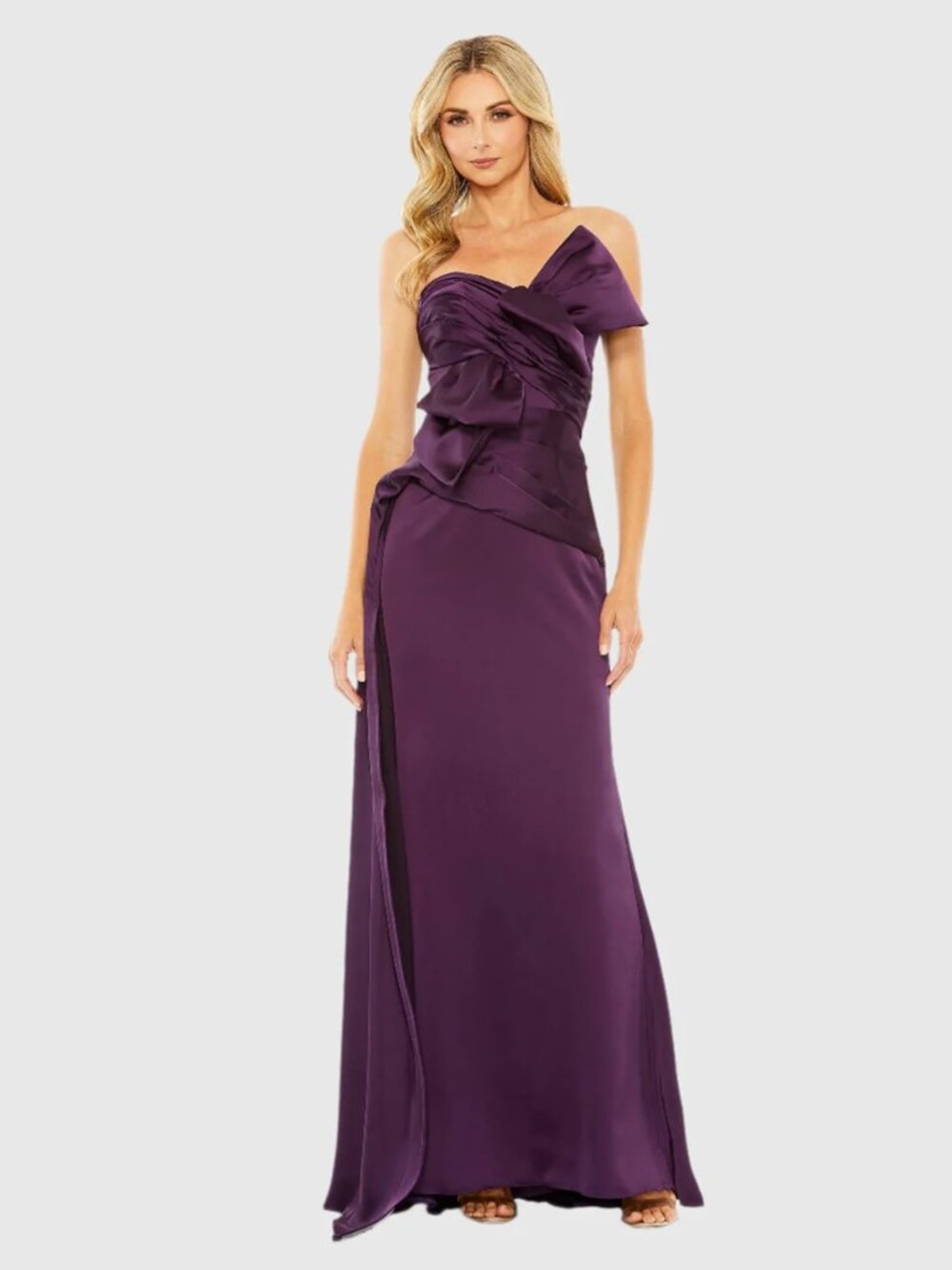 Mac Duggal Aubergine Purple Bow Front Strapless Satin Gown